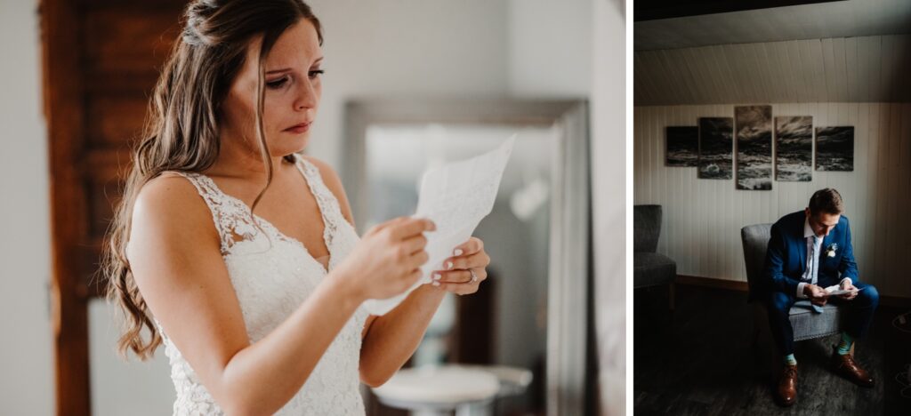The bride and groom read letters written for each other before their ceremony