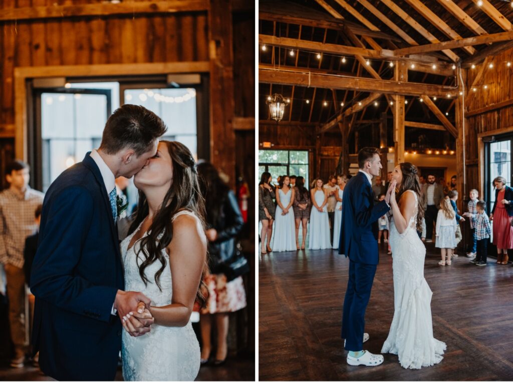 The bride and groom kiss during their first dance at their spring wisconsin wedding