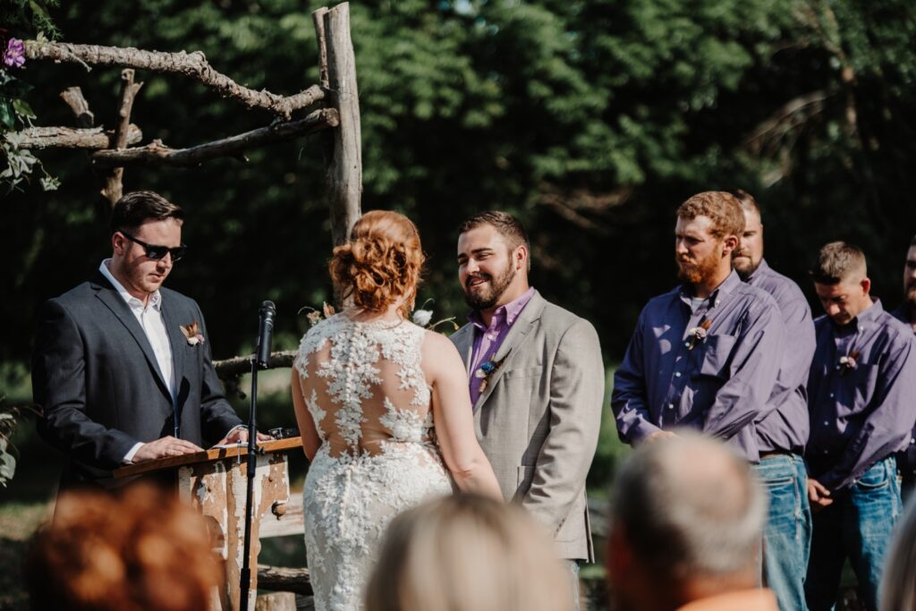 Bride and groom's wedding ceremony at Reichert's Barn
