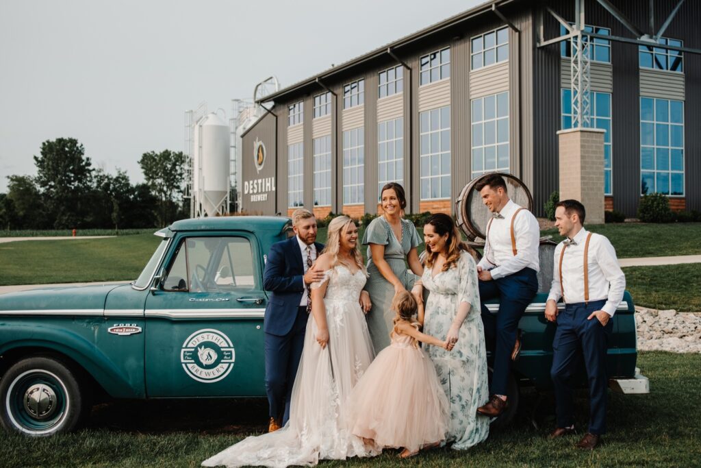 Wedding party in front of Destihl Brewery