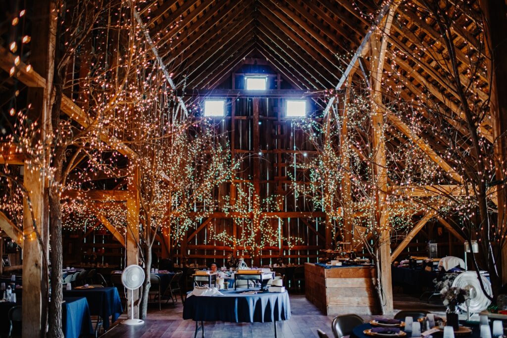 Reception space for rustic wedding at Reichert's Barn