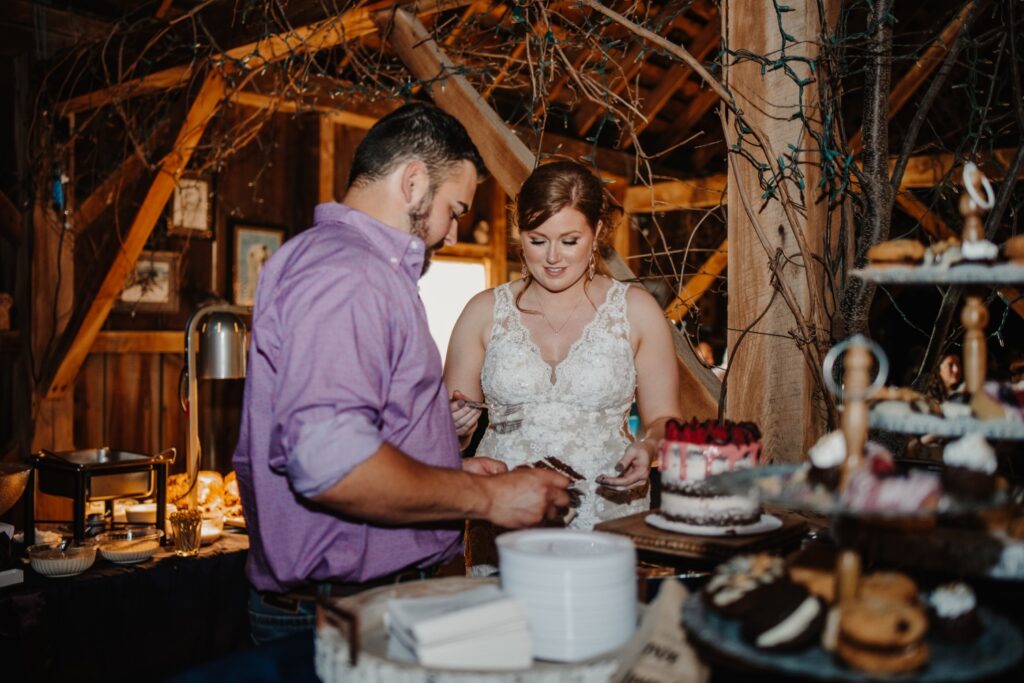 Bride and groom grabbing cake at Reichert's Barn rustic wedding