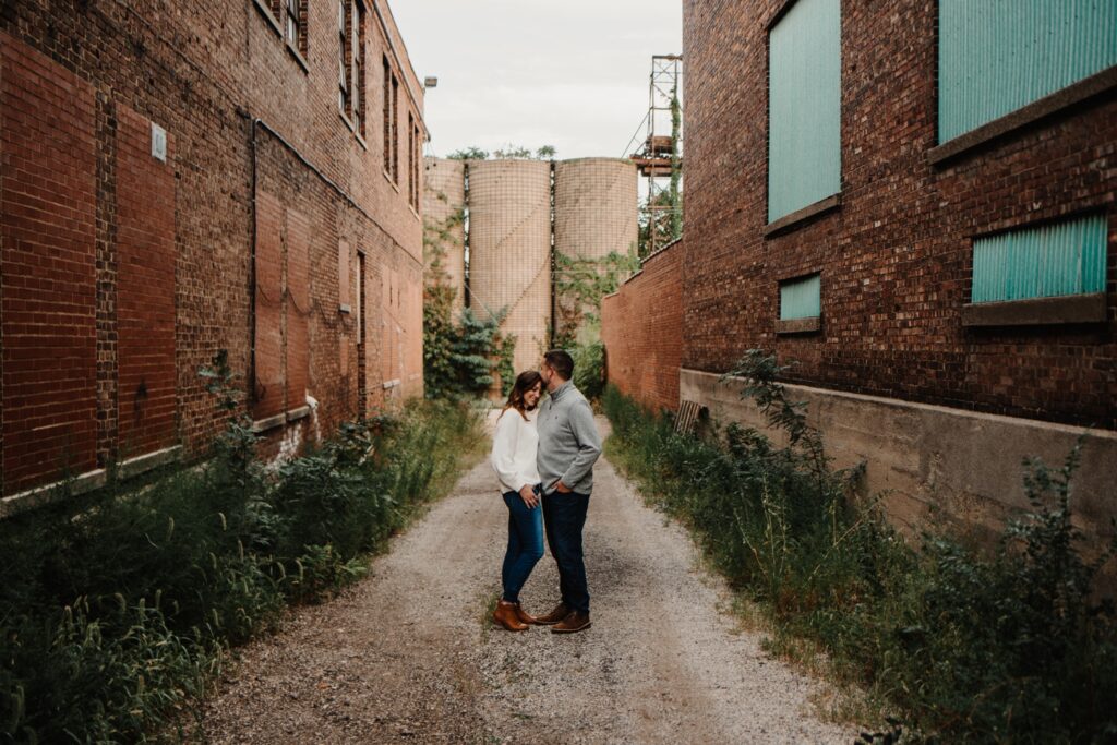Engagement photos taken in home town alley way