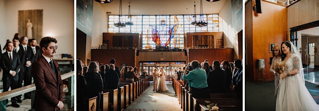 Bride and groom walk down the aisle in a church documented by both first and second photographers simultaneously