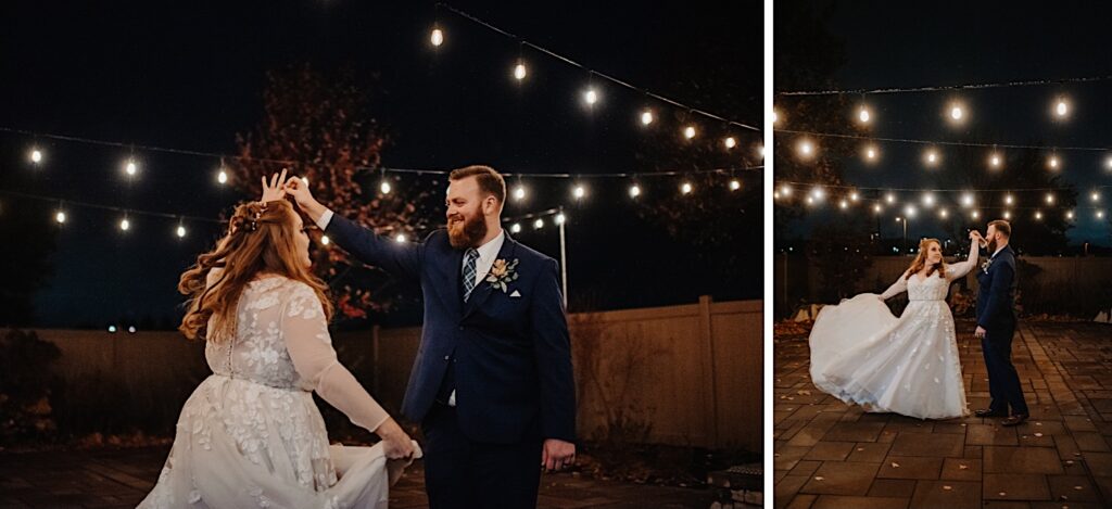 Bride and groom take photos at night at their winter wedding with their first and second photographers.
