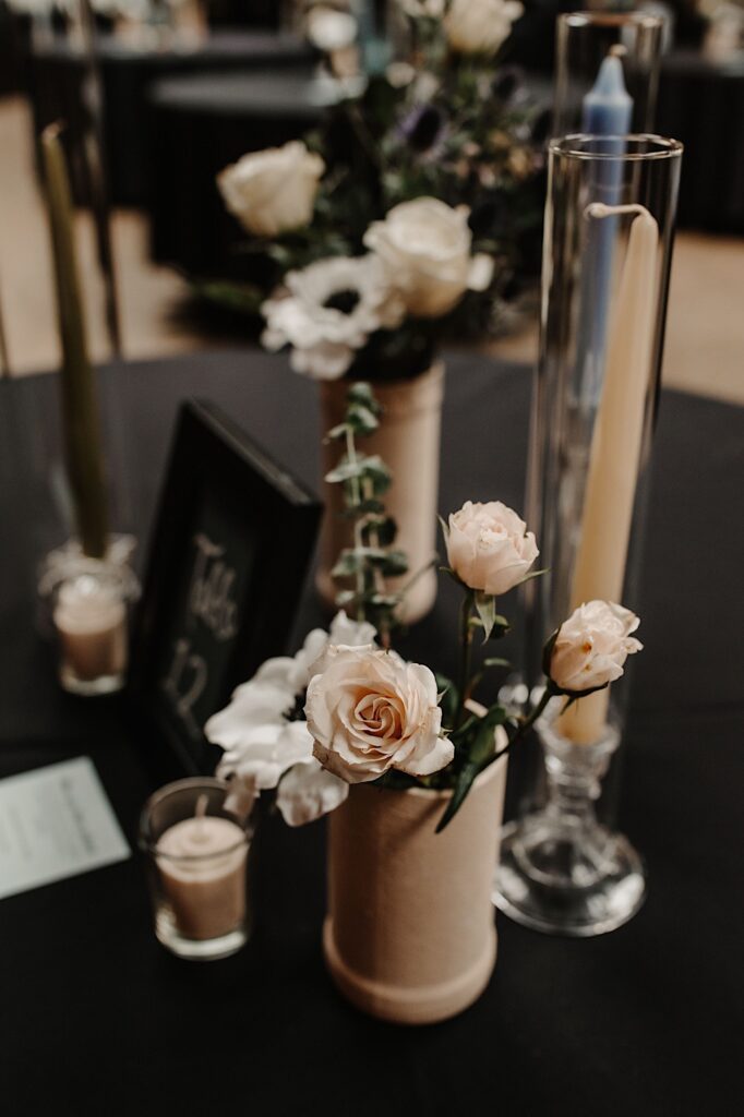Detail photo of a table decorated with florals and candles for a wedding reception