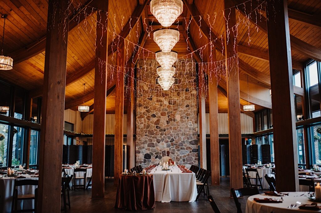 Photo of the interior of Oakbrook Bath and Tennis club decorated for a wedding reception