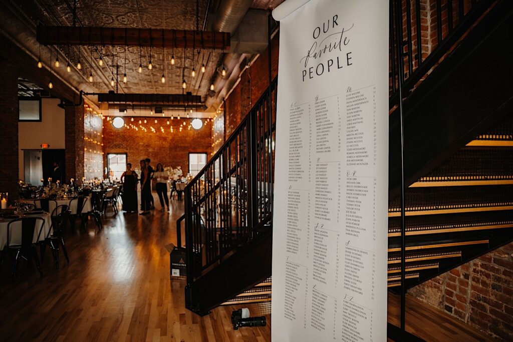 A table list of a wedding reception sits in front of the receptions space at Venue CU in Champaign with a few guests standing in the space