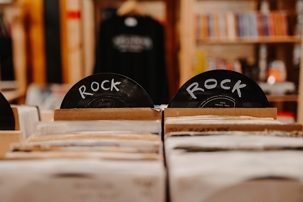 Vinyl records with the word "Rock" written on them separate sections of a record store