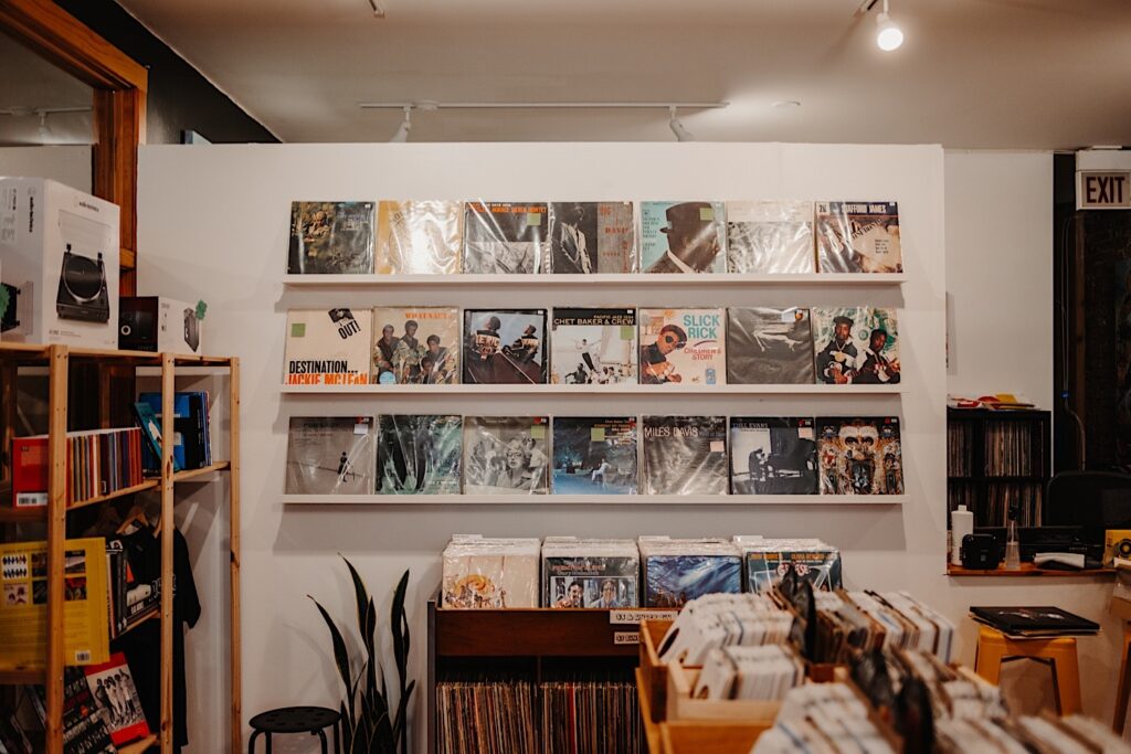 A wall of vinyl records in a record store in Chicago
