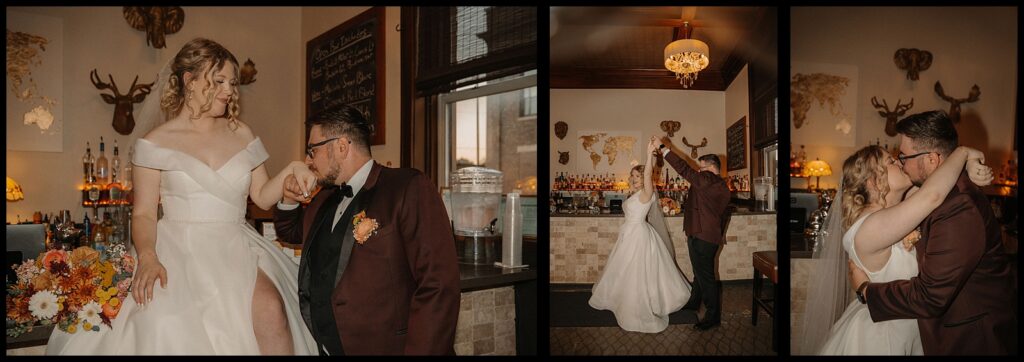 portraits in the bar area during a silver fox wedding in streator il