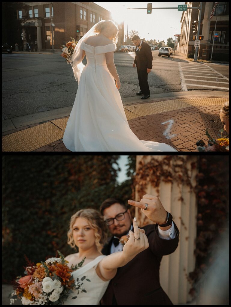 silver fox wedding portraits outside on the street