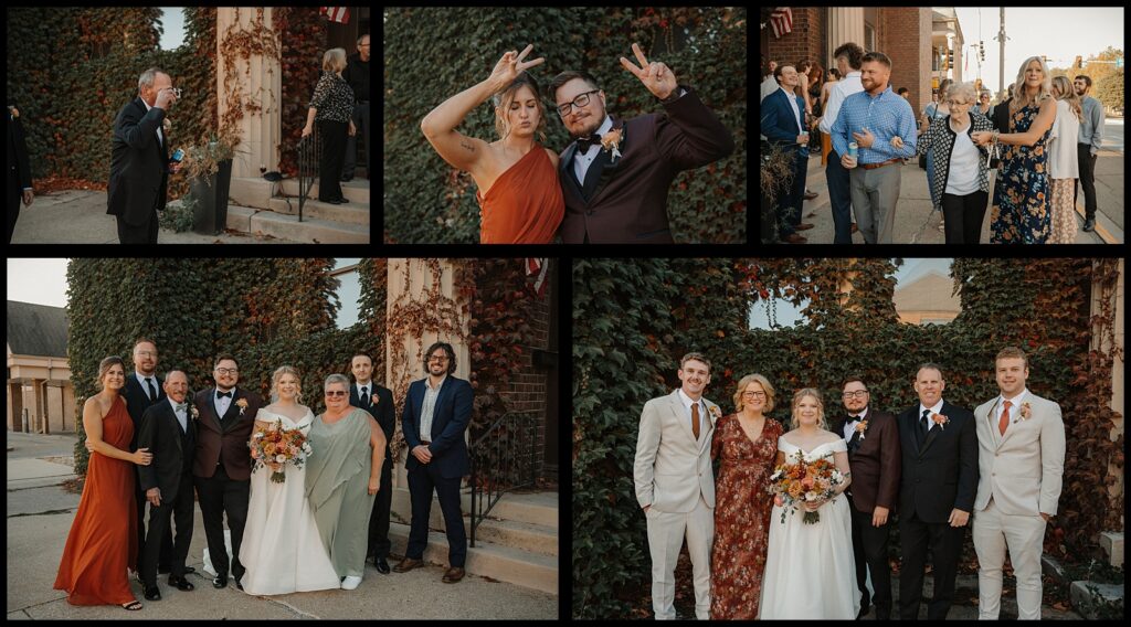 silver fox wedding portraits out front against the ivy wall