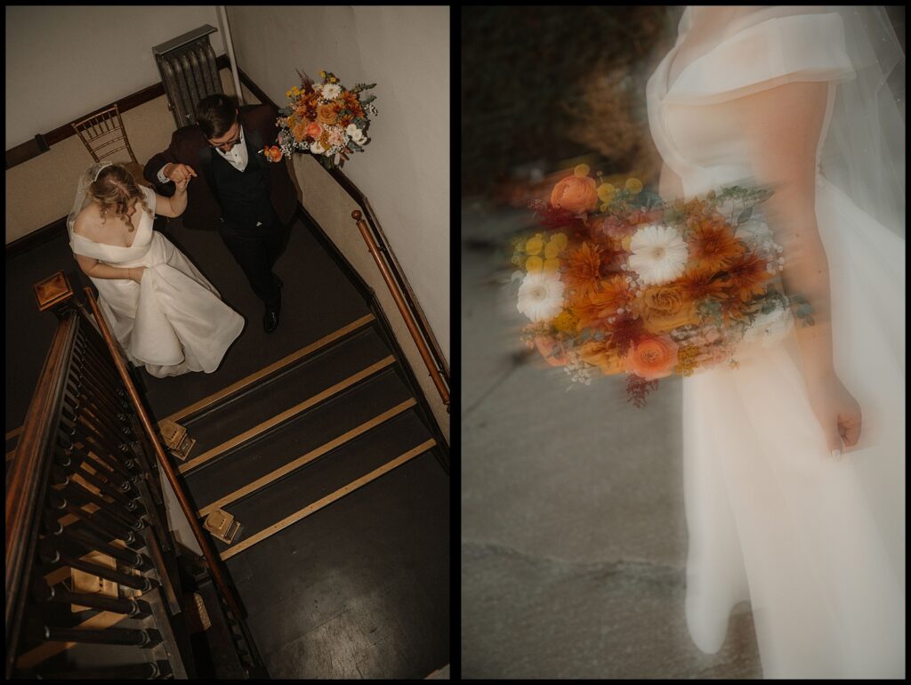 silver fox wedding portraits florals and stairway