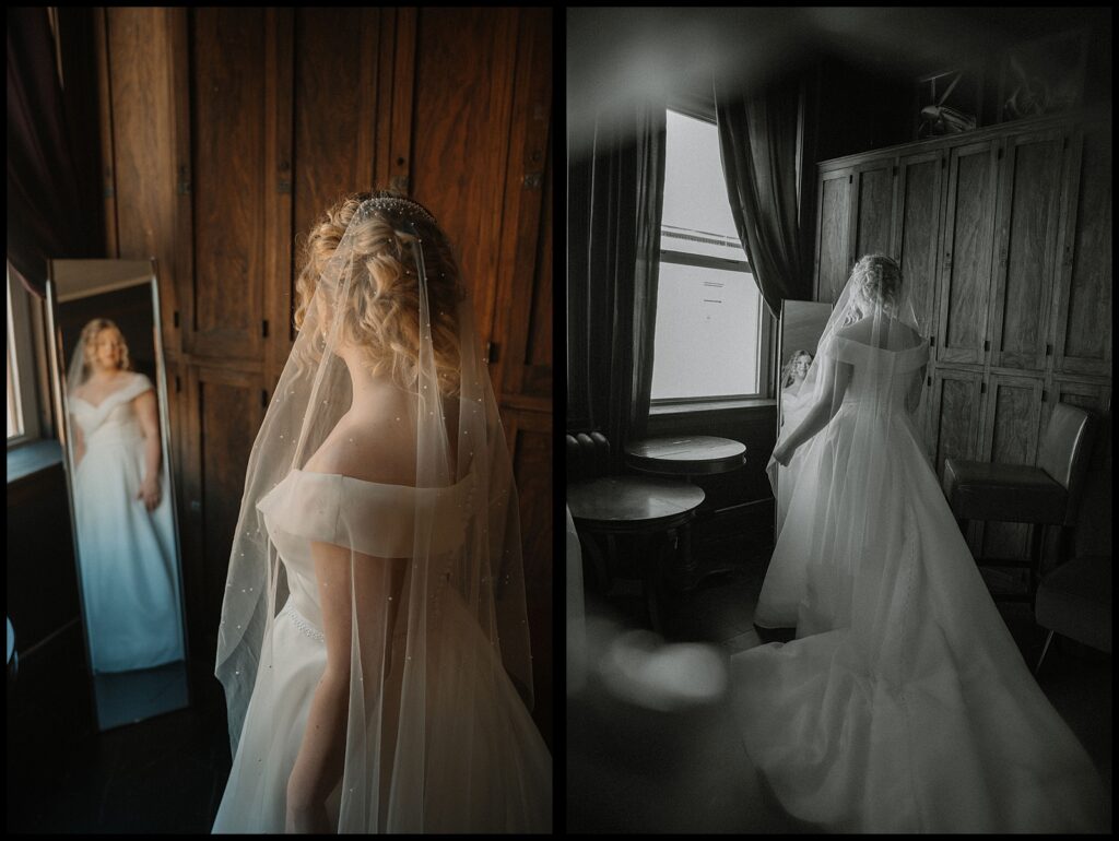 bride gets ready in the getting ready suite in the silver fox wedding venue in central il