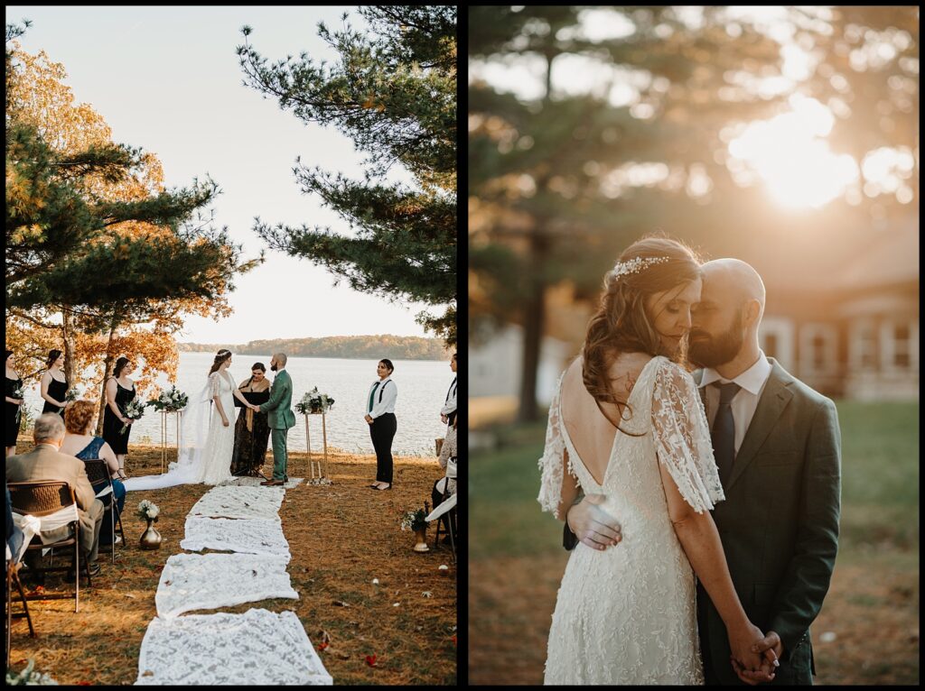 ceremony and sunset portraits at a wedding at davis lodge in hudson il