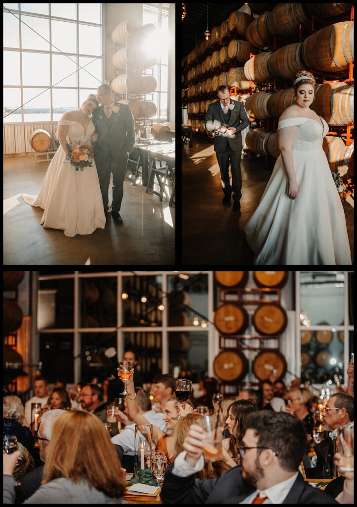 Wedding portraits during sunset inside the barrel room at Destihl in Central IL - a modern wedding venue in Normal