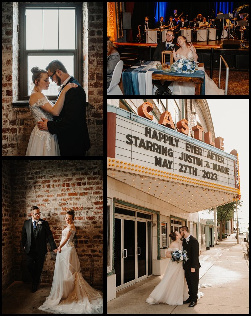 Wedding portraits against the brick wall at the Castle Theatre and under their marquee