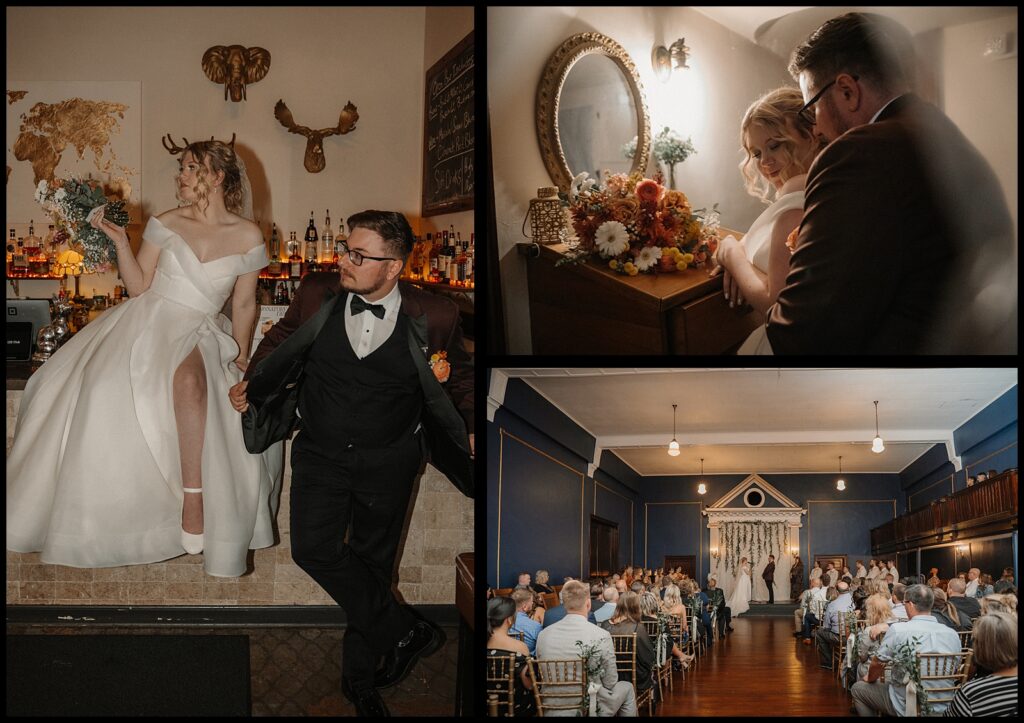 Ceremony and bar wedding portraits inside the silver fox streator